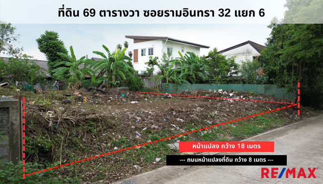 ขายที่ดิน แปลงสวย ถมแล้ว ซอยรามอินทรา 32 แยก 6 ขนาดที่ดิน 69 ตารางวา หน้ากว้าง 18 เมตร x ลึก 16 เมตร